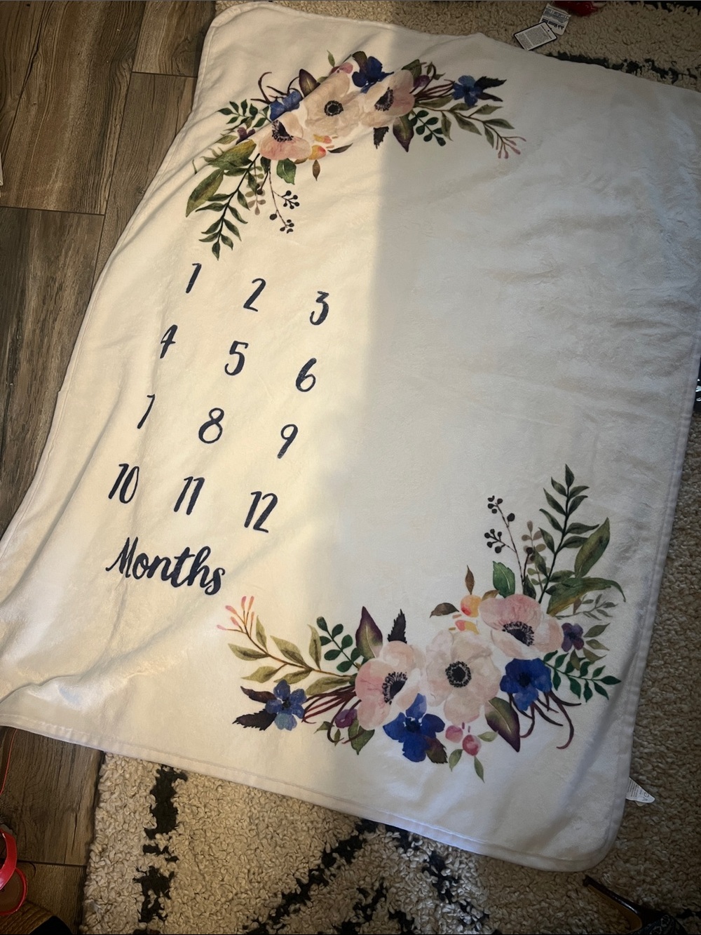 Floral Baby Milestone Blanket - White with Pink & Blue Flowers